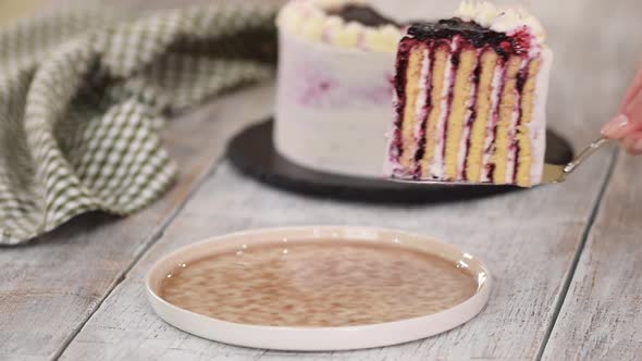 Piece of Homemade Vertical Layer Blackcurrant Jam Cake