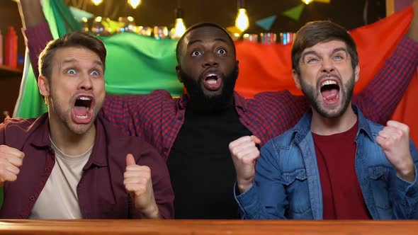 Multiracial Fans Waving Portuguese Flag in Bar, Rejoicing National Team Victory