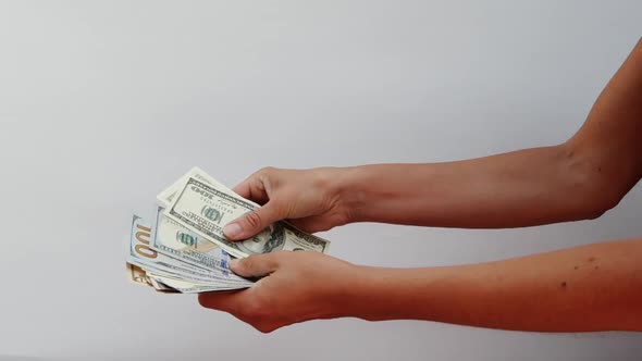Close-up View of Young Female Hands That Are Counting Dollar and Euro Bills. The Girl Is Holding a