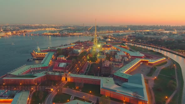 The Flight Around the Peter and Paul Cathedral and Fortress at Evening the Sights of St