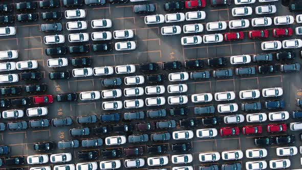 Round Motion Above Finished Cars at Warehouse Bird Eye View