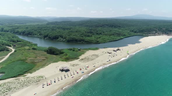 Amazing aerial landscape of the beautiful Veleka river flowing into Black Sea near Sinemorets,