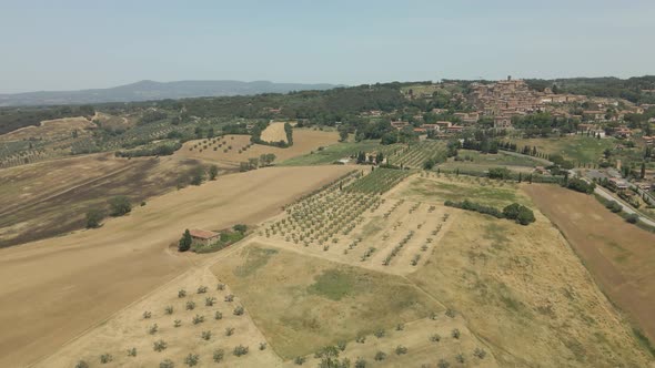 Aerial images of Tuscany in Italy cultivated fields summer, Drone aerial images of crop areas