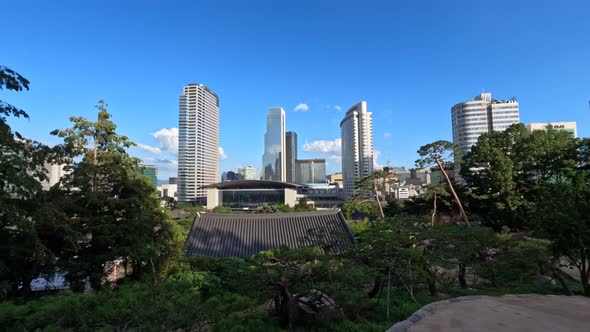 Seoul city skyline with low clouds movement from Bongeunsa Temple, Trade Tower and Coex , Interconti