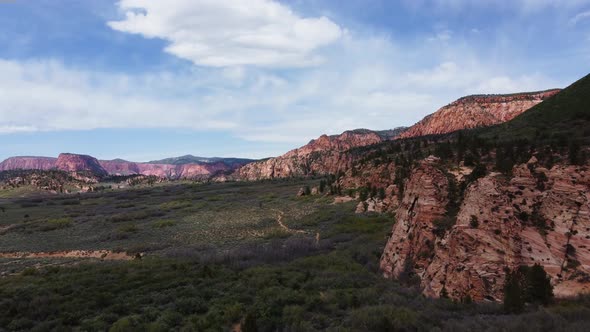 Aerial landscape view over Zion national park valley, Utah. Unique rock formations.