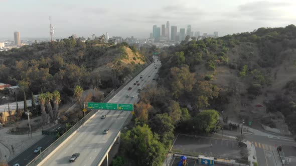 Aerial of Downtown LA from Elysian Park Over Highway