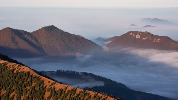The forested peaks of the hills protrude from the fog. The fog wraps around the mountains,