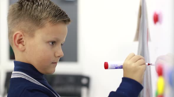 Boy Writing on Blackboard at School Solving Exercises alt