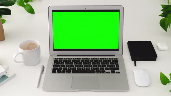 Laptop with mock-up green screen on a white table with house plants in home office.