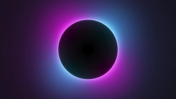 Black sphere with neon glow outline animation, copy space