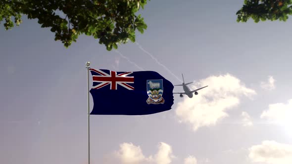 falkland Islands Flag With Airplane And City -3D rendering