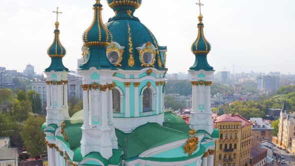 Fly Over St. Andrew’s Church in Kiev. The Famous Andrew's Descent in the Capital of Ukraine