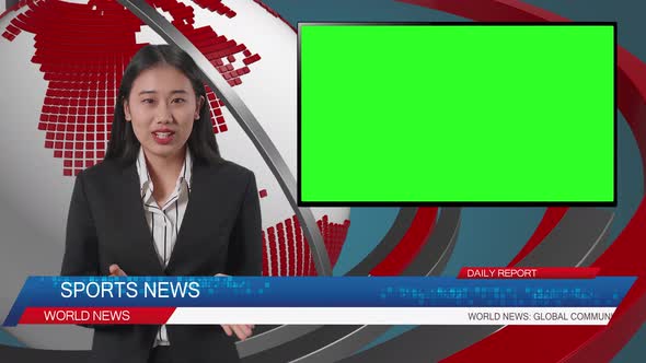 Live News Studio With Asian Professional Female Anchor And Green Screen Television Reporting