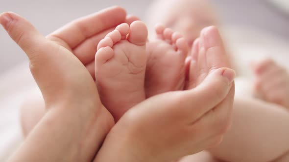Baby Feet in Mothers Hands. Close Up. Happy Family Concept