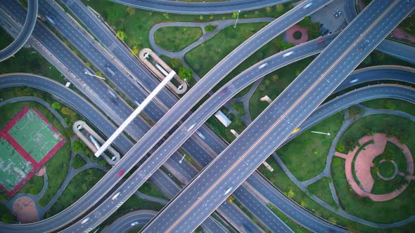 4K : Aerial Hyperlapse drone view of highway multi-level junction road.