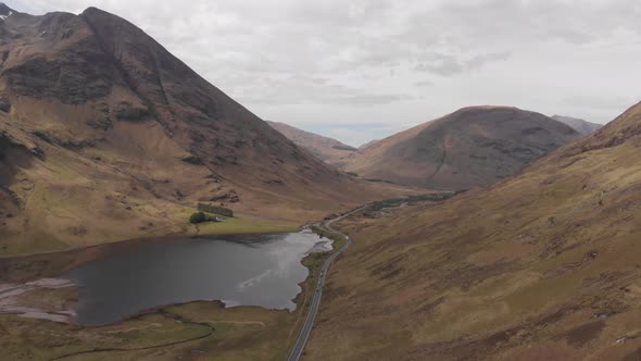 Loch Achtriochtan Glencoe Scotland Landscape A82 Road Mountains And Glen Valley Aerial 