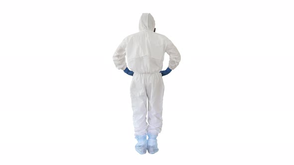 Man in a White Decontamination Suit Putting Hand on His Head Bad Situation on White Background