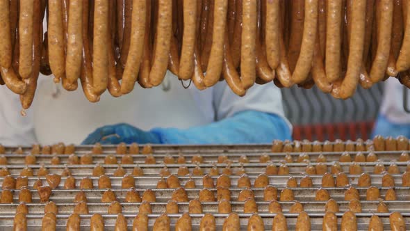 Fresh Sausages Are Placed On Racks In A Meat Processing Factory