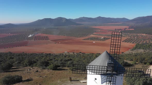 Aerial view of windmills in the countryside in Spain