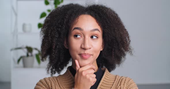 Portrait Pensive Flirtatious Afro American Girl Ethnic Woman Sitting Touching Her Chin with Finger