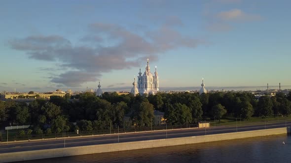 Aerial View on the Smolny Cathedral at Neva River in Saint-Petersburg. Beautiful City Panorama