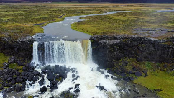 Flying Around the Oxarafoss Waterfall in Iceland