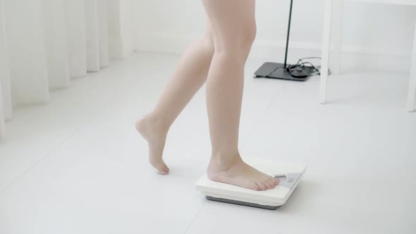 lifestyle activity with leg of woman walking measuring weight scale for diet.