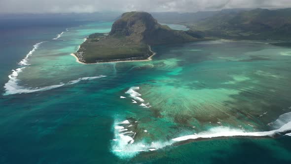 Le Morne Brabant and the waves of the Indian ocean in Mauritius.