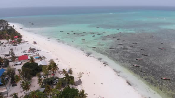 Lot Fishing Boats Stuck in Sand Off Coast at Low Tide Zanzibar Aerial View