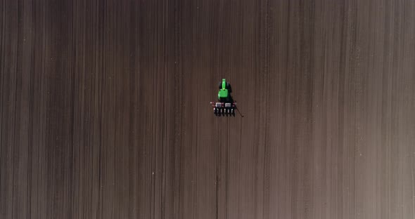 Top down view of tractor sowing wheat or sunflower in agriculture area