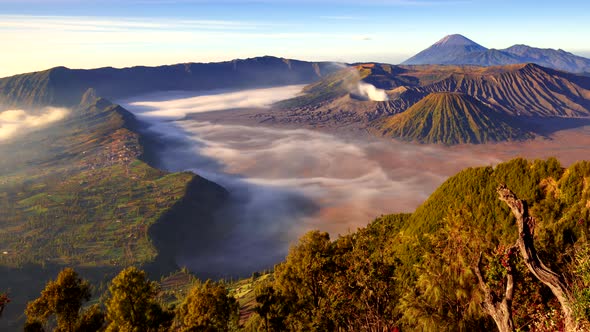 4K Panning timelapse Of Bromo volcano at sunrise, East Java, Indonesia