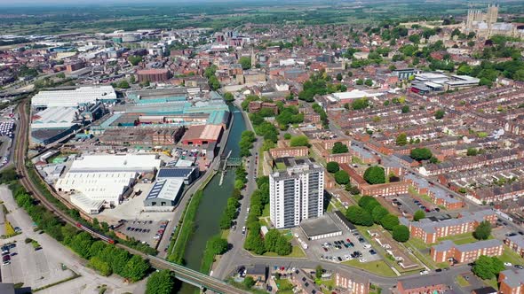 Aerial footage of the city centre of Lincoln on a bright sunny summers day in the UK