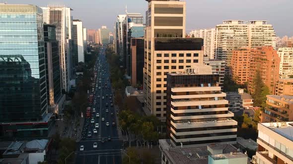 Aerial Drone shot flying between buildings in Downtown Santiago, Chile