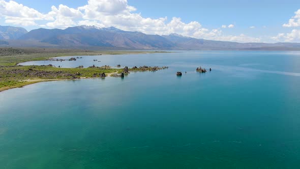 Aerial View of Mono Lake with Tufa Rock Formations During Summer Season, Mono County