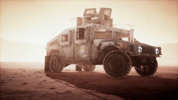 Military Patrol Car on Sunset in Desert Storm