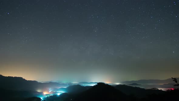 Milky Way galaxy exploration through outer space towards glowing milky way galaxy.