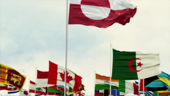 Greenland Flag With World Globe Flags Morning Shot