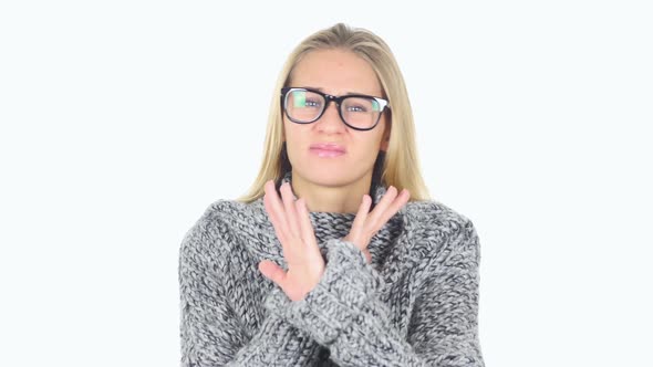 Rejecting Cross Hands Gesture By Woman White Background