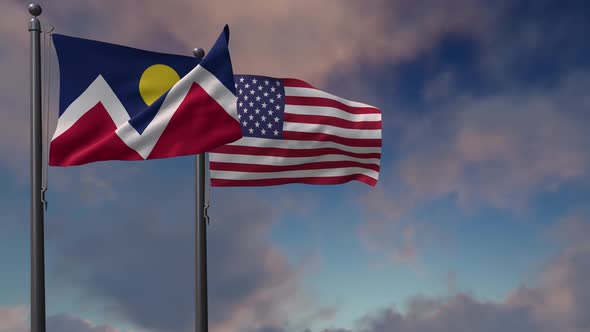 Denver City Flag Waving Along With The National Flag Of The USA - 4K