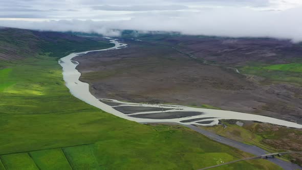 Iceland. Aerial view on mountain, field and river. Landscape in Iceland at the day time.