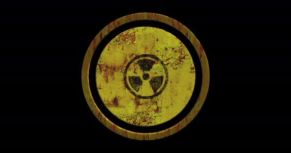 Rusted yellow painted metal radioactive sign spinning. Seamless loop animation