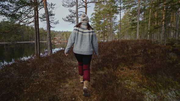 Girl Walks Forest in Spring