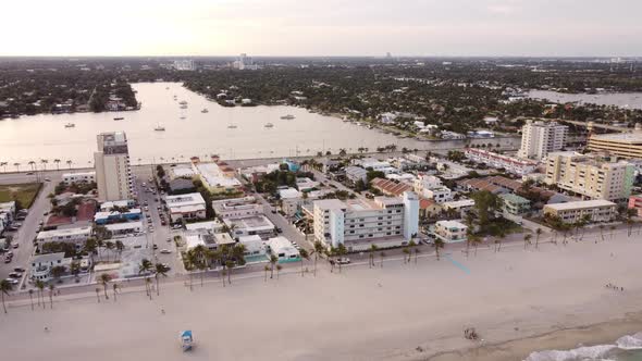 Aerial Pull Out Reveal Inns On Hollywood Beach Fl Circa January 2021