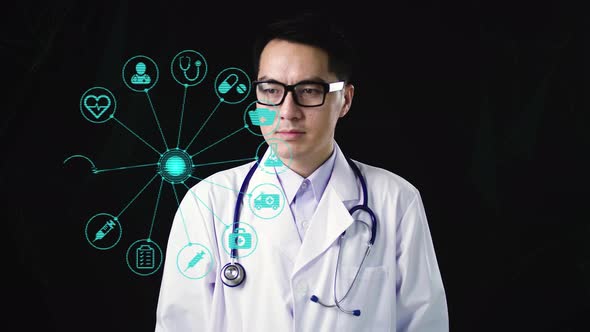 Asian Doctor Hand Touching Icon Medical Network Connection With Modern Virtual Screen Interface
