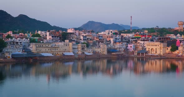 View of Famous Indian Hinduism Pilgrimage Town Sacred Holy Hindu Religious City Pushkar with Pushkar