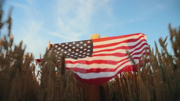 Woman with the Flag of America in the Field