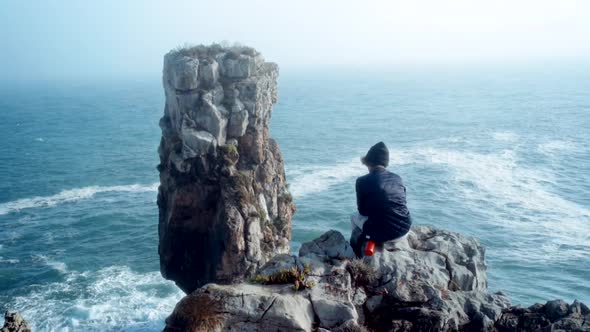 Cinematic Shot Modern Traveller Alone Cliff