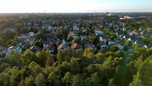 Aerial view suburban munich. Drone flying over middle class family houses with small garden in europ