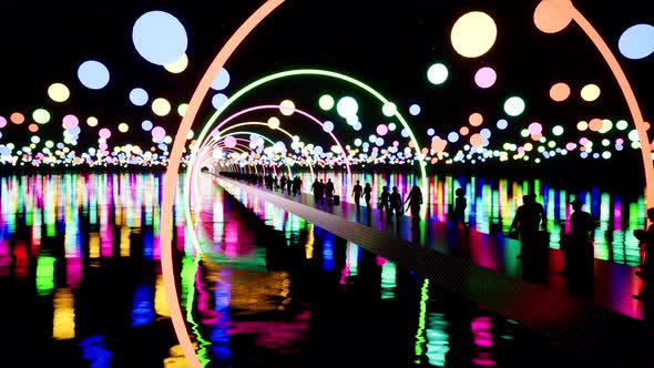 Men and Women Black Silhouettes Walking on Pathway with Neon Arcs.