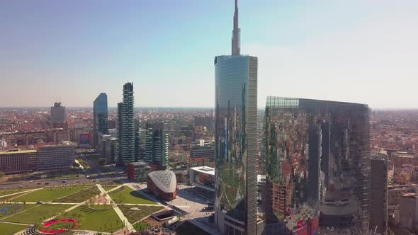 Milan City Skyline Aerial View Flying Towards Financial Area Skyscrapers